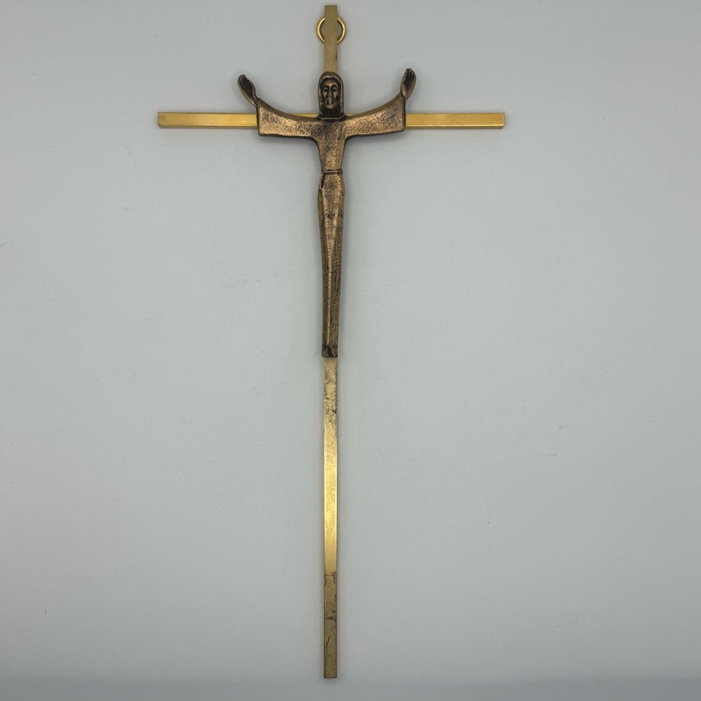 Vintage Mid Century Crucifix Brass Cross Jesus Figure Minimalist Italy
